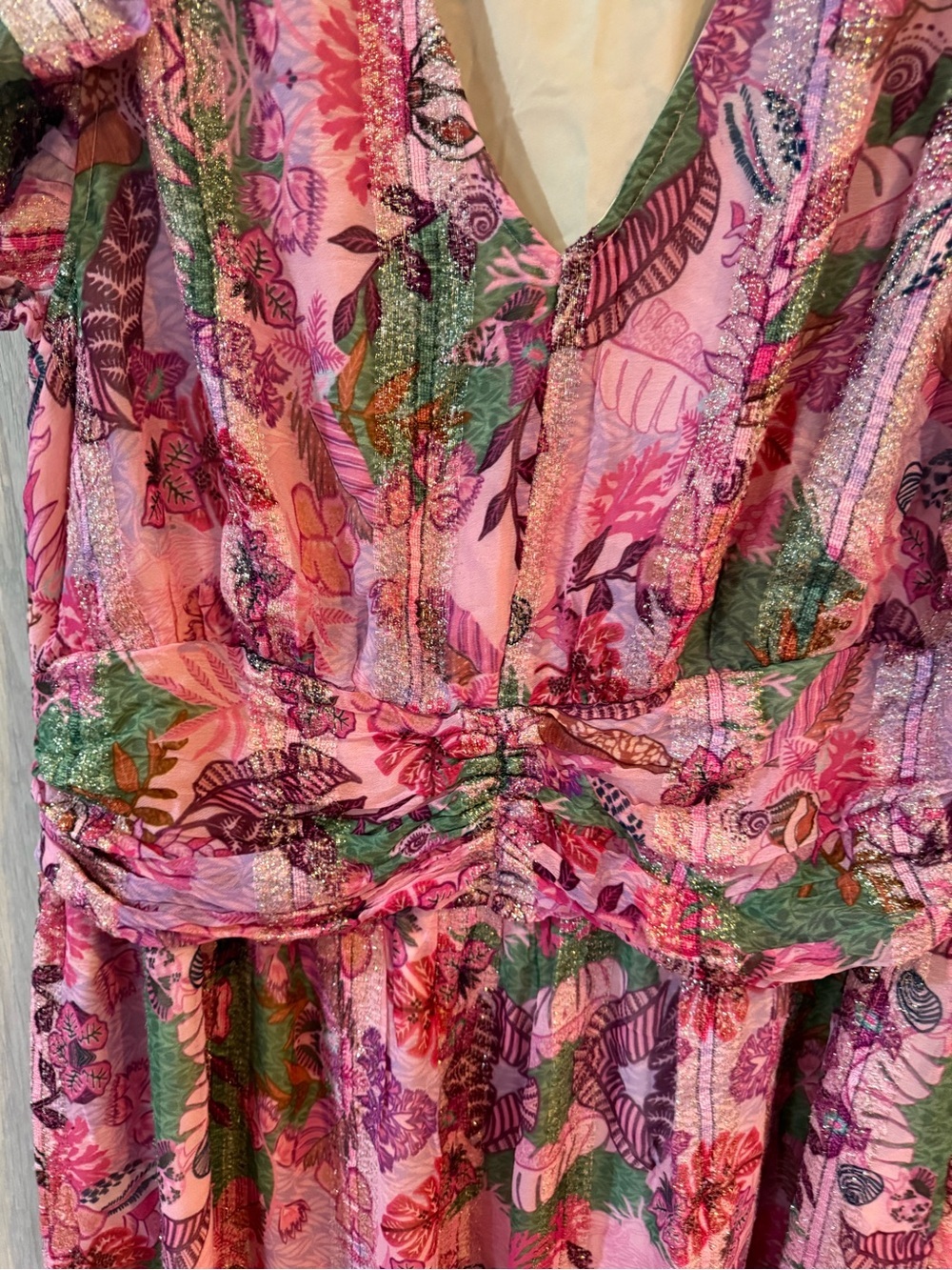 Ciebon Pink Tropical Print Metallic Flutter Cap Sleeve Maxi Dress 1X - Picture 11 of 11